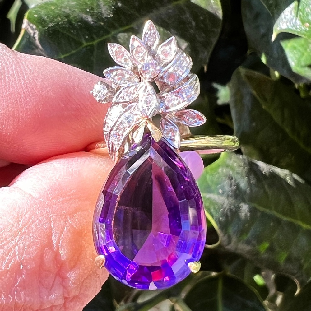 VINTAGE 14K AMETHYST DIAMOND TIARA CROWN RING CUSTOM MADE UNUSUAL UNIQUE 1 KIND